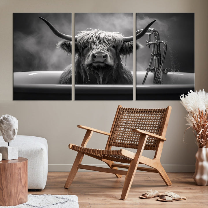 Highland Cow Wall Art Canvas Print Funny Animal Wall Decor Black and White Framed Cow PrintSe