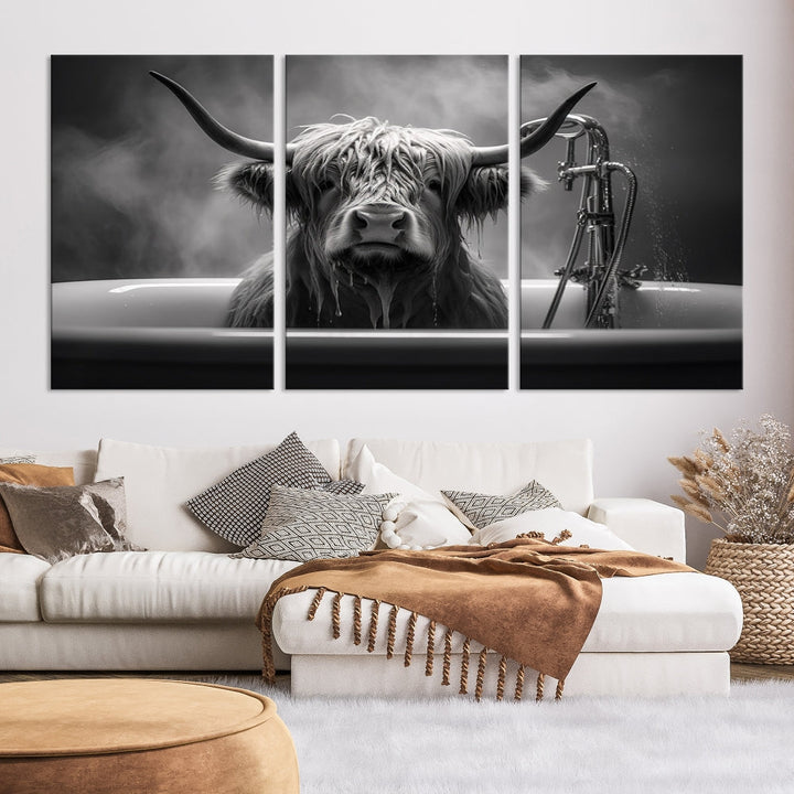 Highland Cow Wall Art Canvas Print Funny Animal Wall Decor Black and White Framed Cow PrintSe