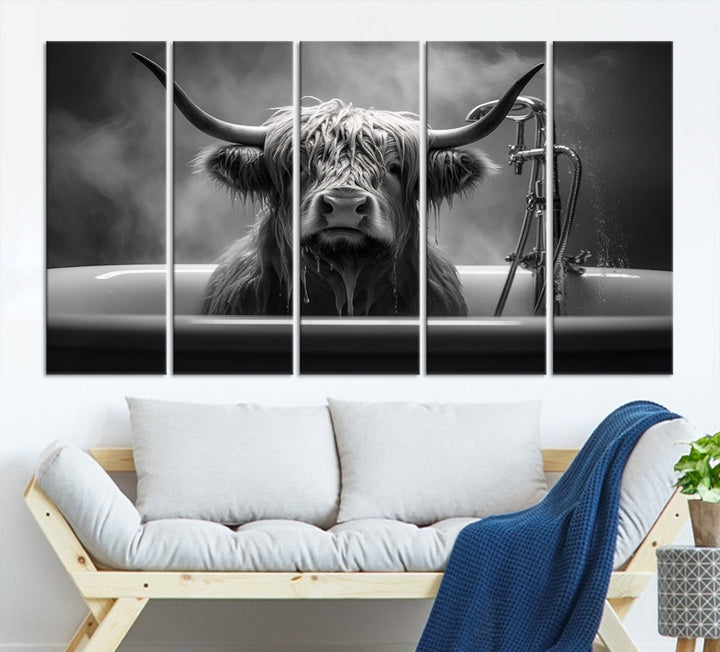 Highland Cow Wall Art Canvas Print Funny Animal Wall Decor Black and White Framed Cow PrintSe