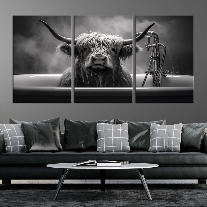 Highland Cow Wall Art Canvas Print Funny Animal Wall Decor Black and White Framed Cow PrintSe