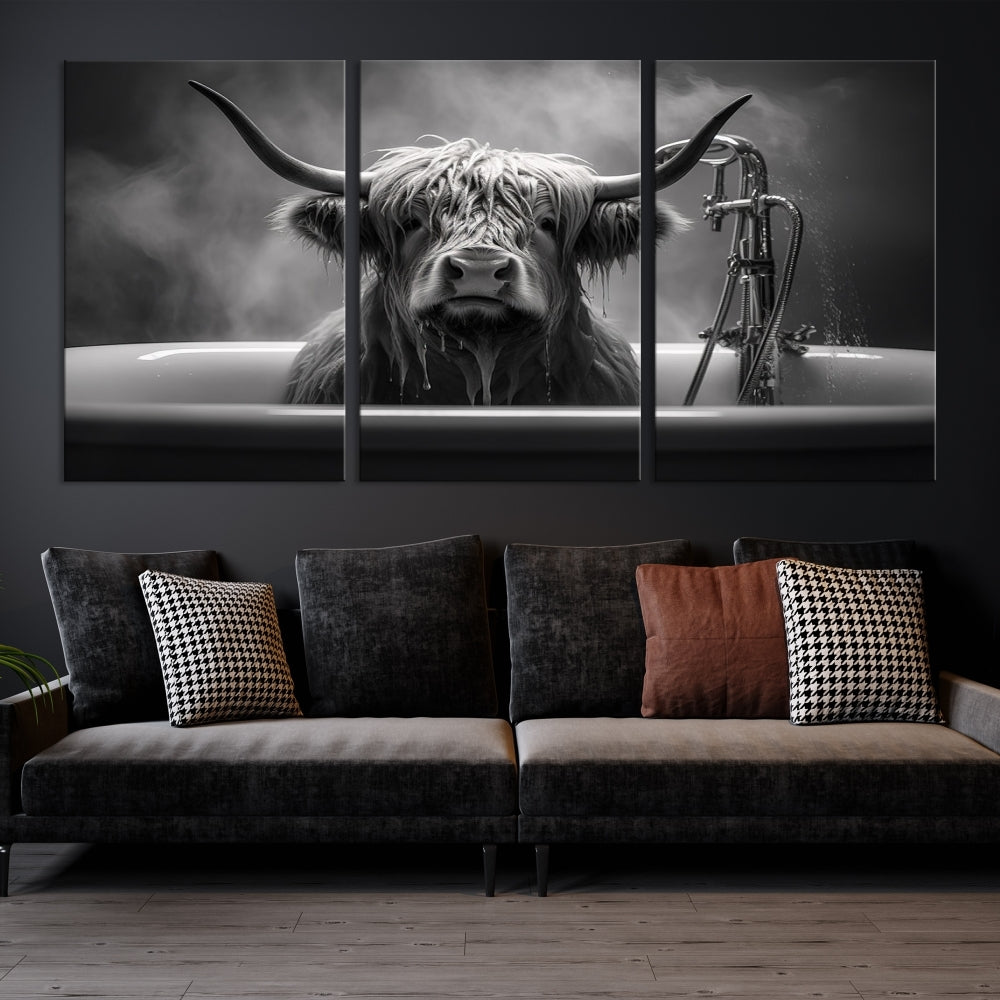 Highland Cow Wall Art Canvas Print Funny Animal Wall Decor Black and White Framed Cow PrintSe