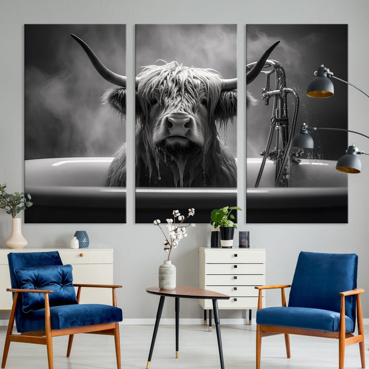 Highland Cow Wall Art Canvas Print Funny Animal Wall Decor Black and White Framed Cow PrintSe