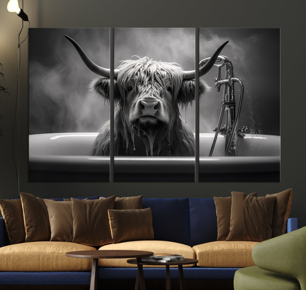 Highland Cow Wall Art Canvas Print Funny Animal Wall Decor Black and White Framed Cow PrintSe