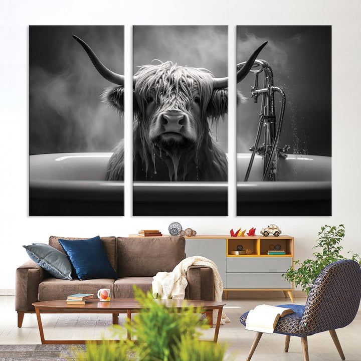 Highland Cow Wall Art Canvas Print Funny Animal Wall Decor Black and White Framed Cow PrintSe