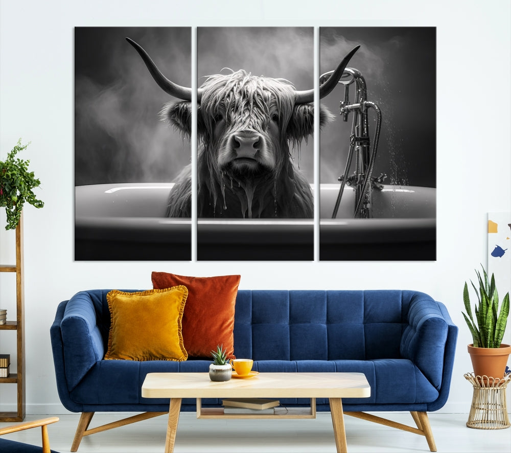 Highland Cow Wall Art Canvas Print Funny Animal Wall Decor Black and White Framed Cow PrintSe