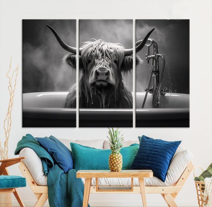 Highland Cow Wall Art Canvas Print Funny Animal Wall Decor Black and White Framed Cow PrintSe