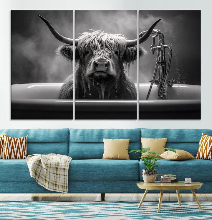 Highland Cow Wall Art Canvas Print Funny Animal Wall Decor Black and White Framed Cow PrintSe