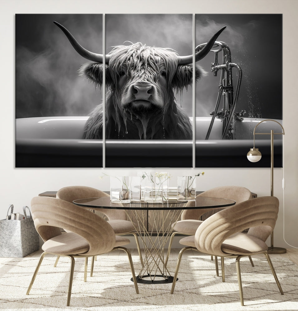 Highland Cow Wall Art Canvas Print Funny Animal Wall Decor Black and White Framed Cow PrintSe