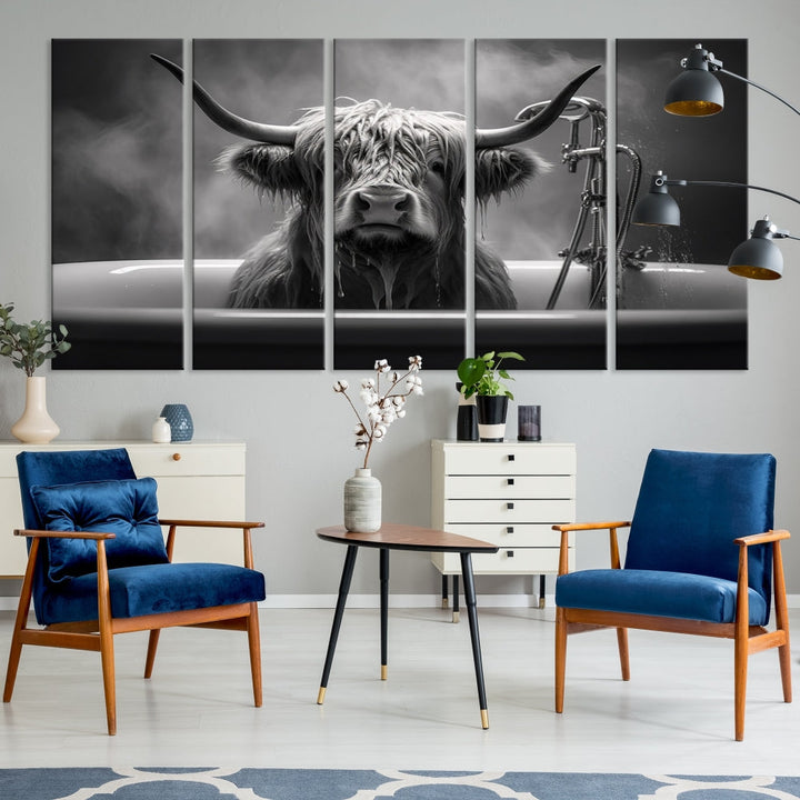 Highland Cow Wall Art Canvas Print Funny Animal Wall Decor Black and White Framed Cow PrintSe