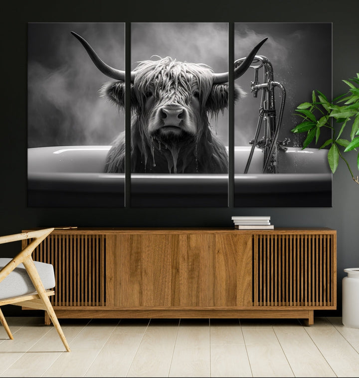 Highland Cow Wall Art Canvas Print Funny Animal Wall Decor Black and White Framed Cow PrintSe