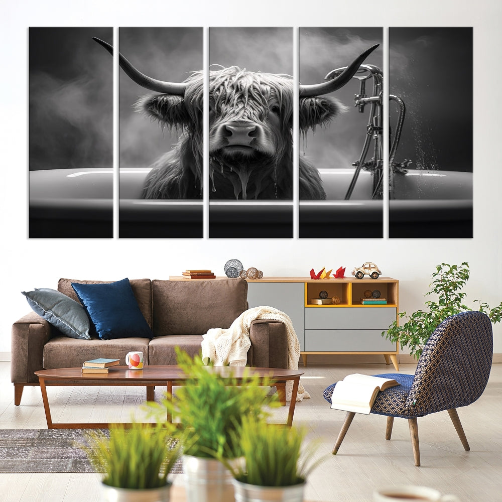 Highland Cow Wall Art Canvas Print Funny Animal Wall Decor Black and White Framed Cow PrintSe