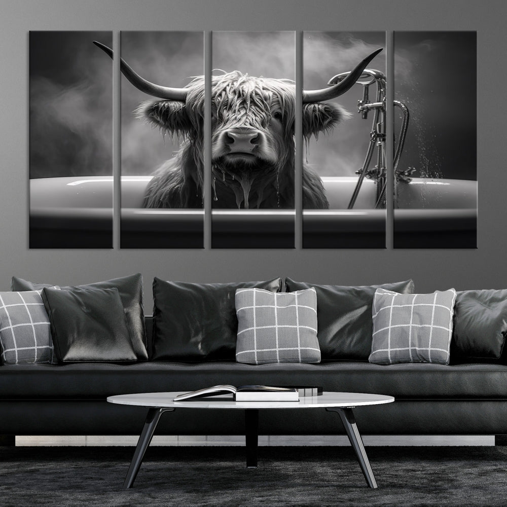 Highland Cow Wall Art Canvas Print Funny Animal Wall Decor Black and White Framed Cow PrintSe