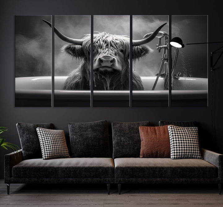 Highland Cow Wall Art Canvas Print Funny Animal Wall Decor Black and White Framed Cow PrintSe