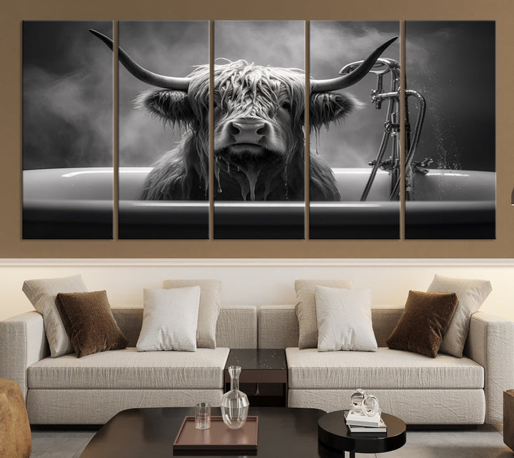 Highland Cow Wall Art Canvas Print Funny Animal Wall Decor Black and White Framed Cow PrintSe