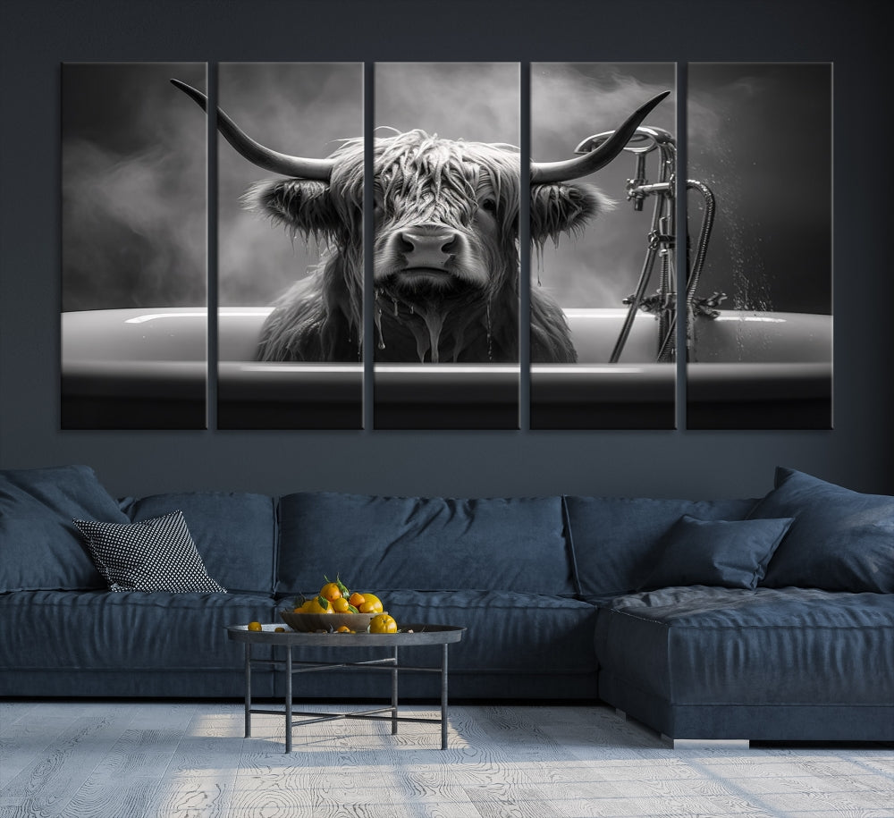 Highland Cow Wall Art Canvas Print Funny Animal Wall Decor Black and White Framed Cow PrintSe