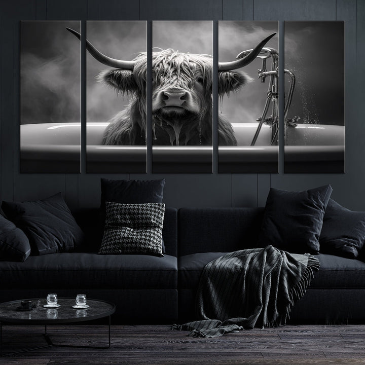 Highland Cow Wall Art Canvas Print Funny Animal Wall Decor Black and White Framed Cow PrintSe