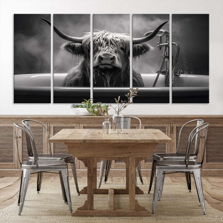 Highland Cow Wall Art Canvas Print Funny Animal Wall Decor Black and White Framed Cow PrintSe