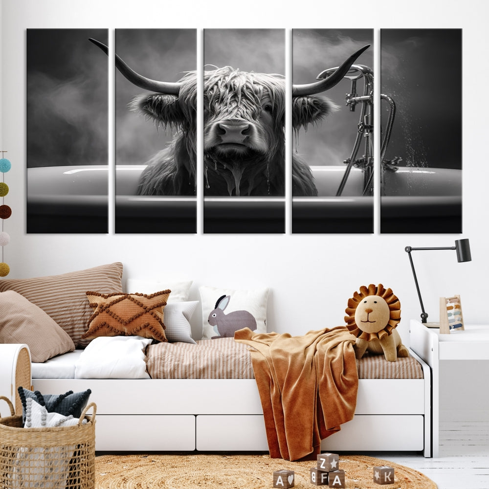 Highland Cow Wall Art Canvas Print Funny Animal Wall Decor Black and White Framed Cow PrintSe