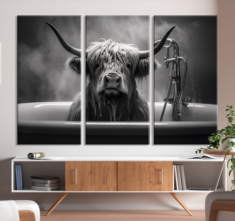 Highland Cow Wall Art Canvas Print Funny Animal Wall Decor Black and White Framed Cow PrintSe