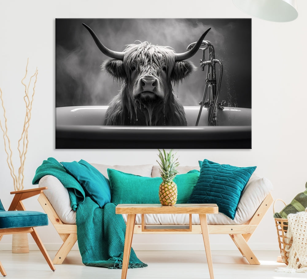 Highland Cow Wall Art Canvas Print Funny Animal Wall Decor Black and White Framed Cow PrintSe