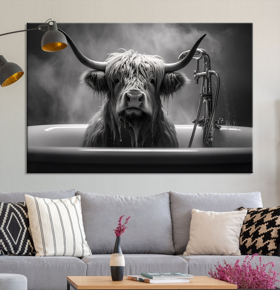 Highland Cow Wall Art Canvas Print Funny Animal Wall Decor Black and White Framed Cow PrintSe