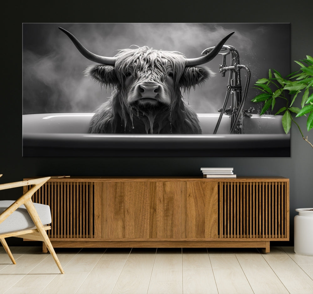 Highland Cow Wall Art Canvas Print Funny Animal Wall Decor Black and White Framed Cow PrintSe