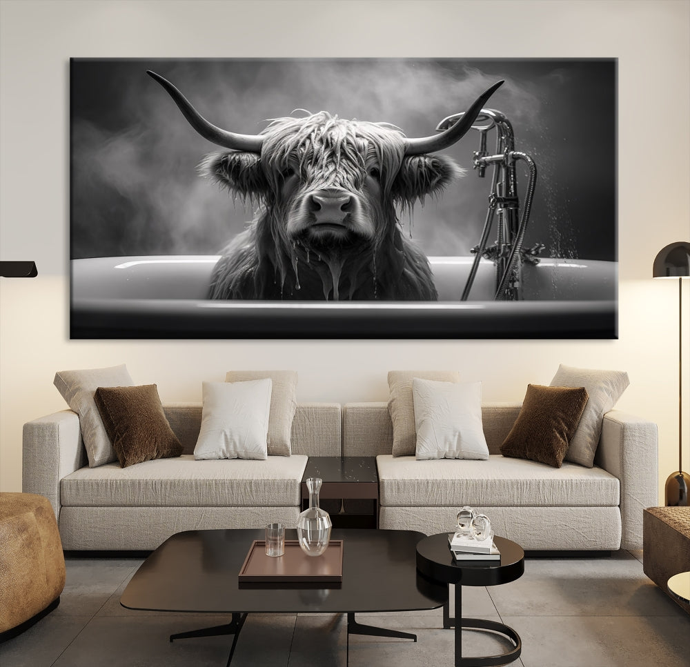 Highland Cow Wall Art Canvas Print Funny Animal Wall Decor Black and White Framed Cow PrintSe