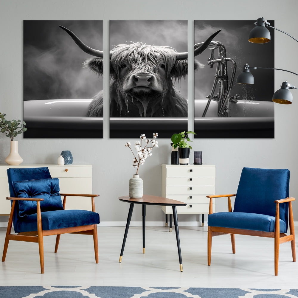 Highland Cow Wall Art Canvas Print Funny Animal Wall Decor Black and White Framed Cow PrintSe