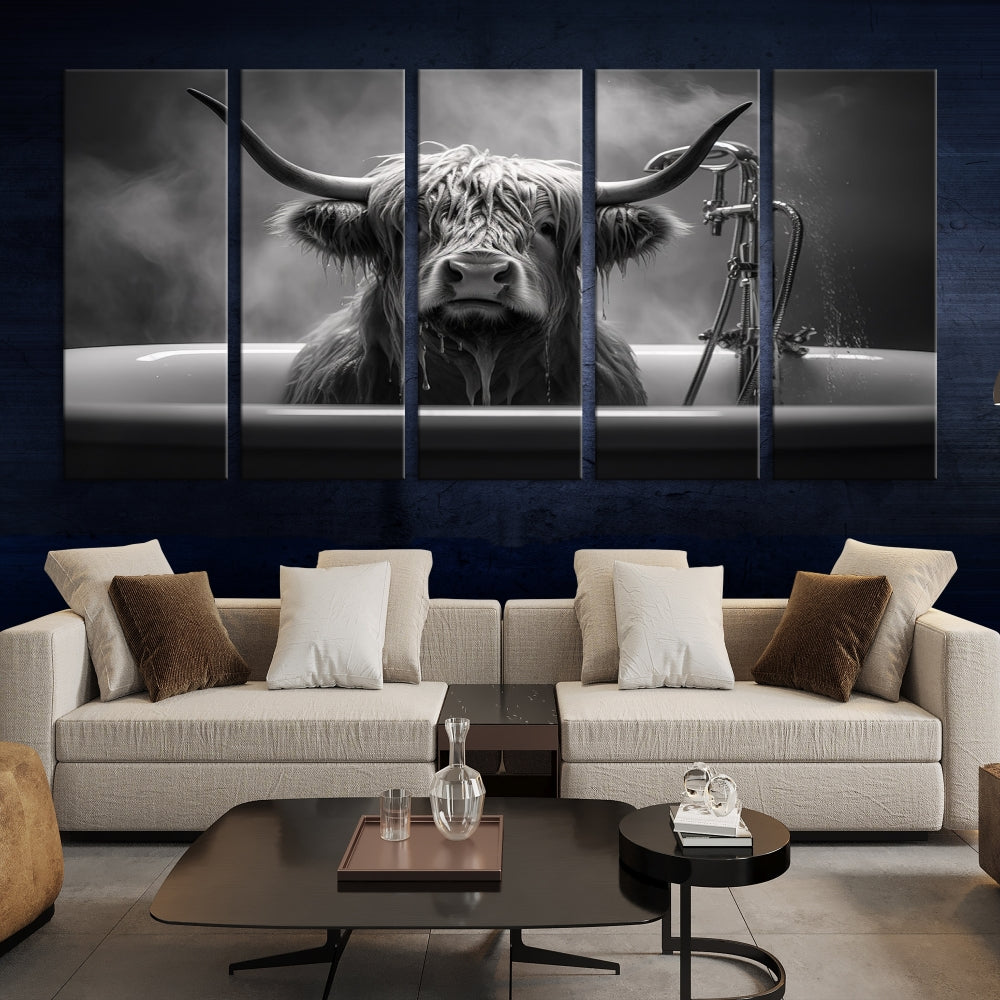 Highland Cow Wall Art Canvas Print Funny Animal Wall Decor Black and White Framed Cow PrintSe