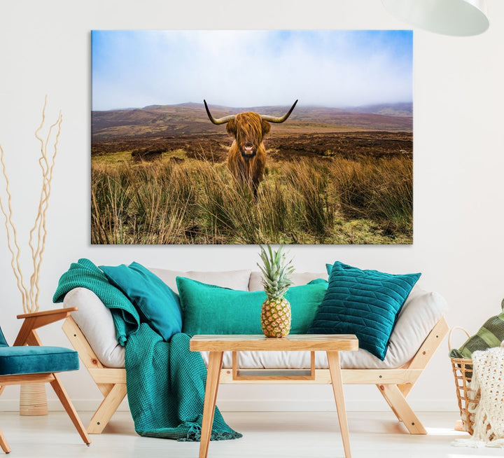 Highland Cow with Beautiful Landscape Canvas Wall Art Print Large Animal Art Print Farmhouse Ranch Farm Decor Cute Animals Cow Print Framed Ready to Hang Original Canvas Artwork