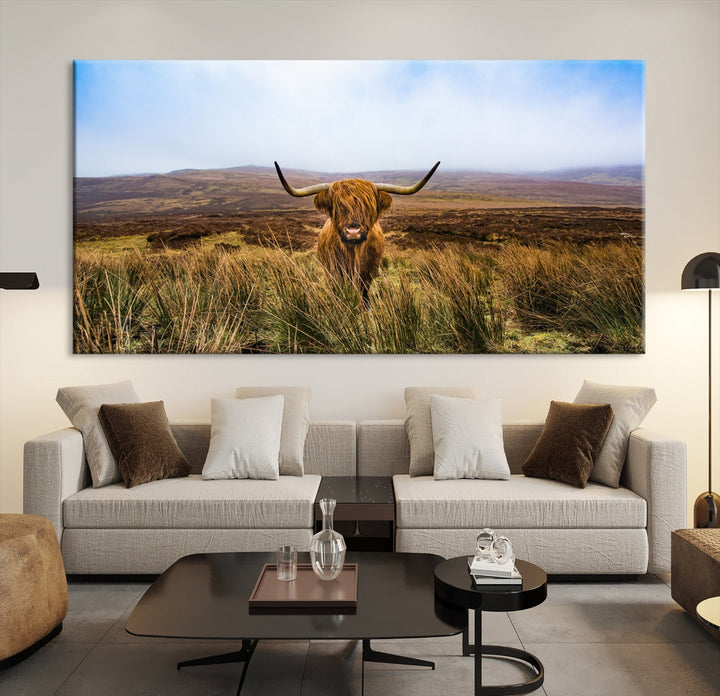 Highland Cow with Beautiful Landscape Canvas Wall Art Print Large Animal Art Print Farmhouse Ranch Farm Decor Cute Animals Cow Print Framed Ready to Hang Original Canvas Artwork