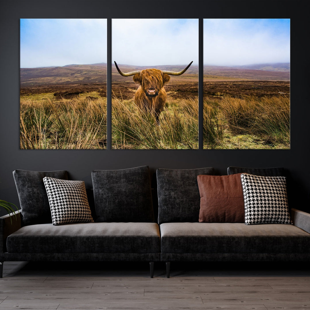 Highland Cow with Beautiful Landscape Canvas Wall Art Print Large Animal Art Print Farmhouse Ranch Farm Decor Cute Animals Cow Print Framed Ready to Hang Original Canvas Artwork