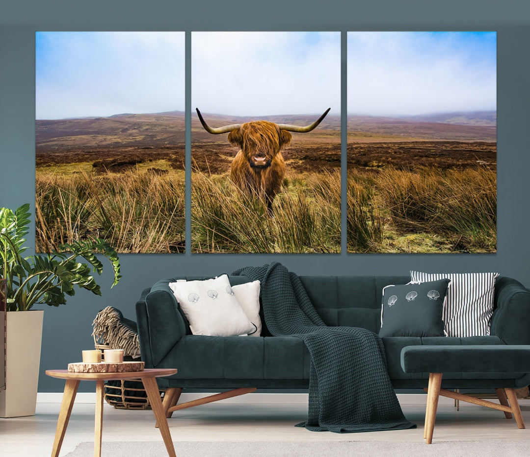 Highland Cow with Beautiful Landscape Canvas Wall Art Print Large Animal Art Print Farmhouse Ranch Farm Decor Cute Animals Cow Print Framed Ready to Hang Original Canvas Artwork