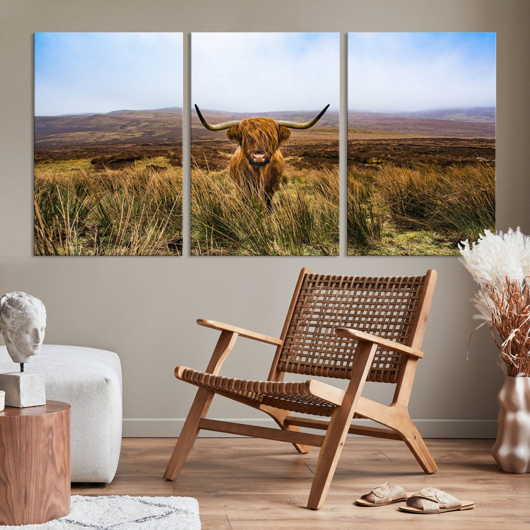 Highland Cow with Beautiful Landscape Canvas Wall Art Print Large Animal Art Print Farmhouse Ranch Farm Decor Cute Animals Cow Print Framed Ready to Hang Original Canvas Artwork