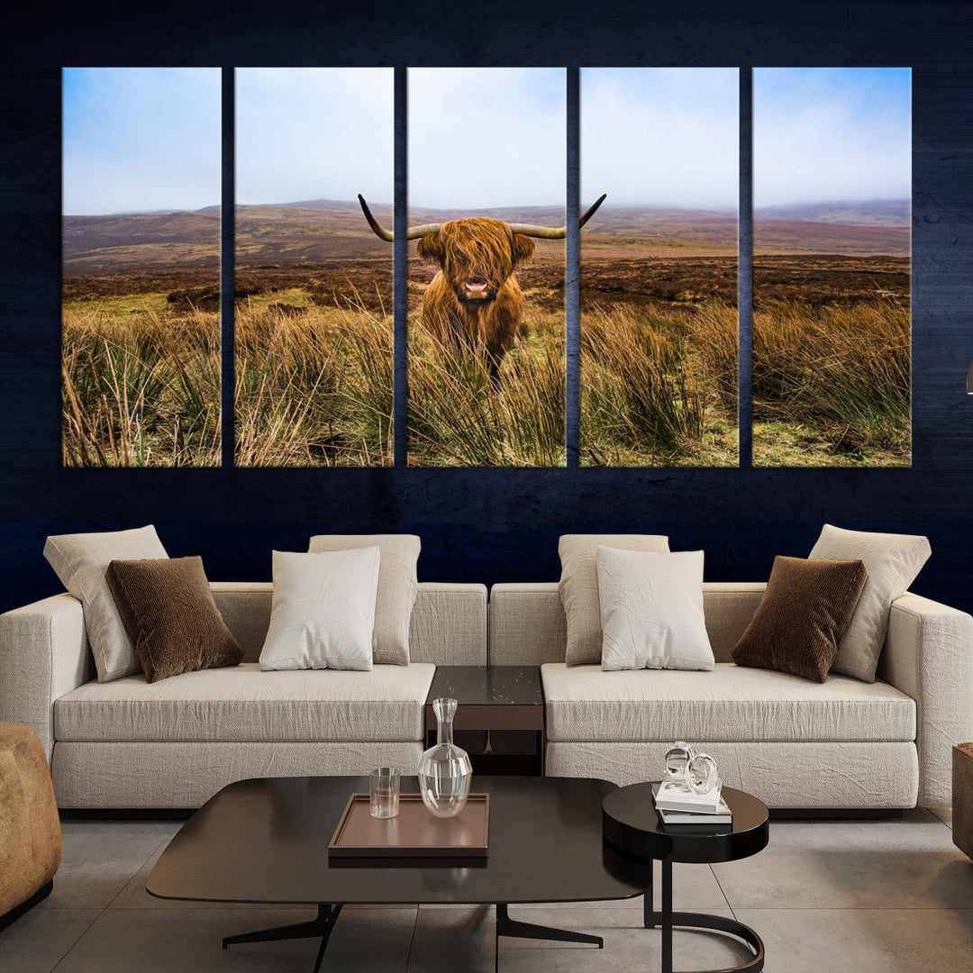 Highland Cow with Beautiful Landscape Canvas Wall Art Print Large Animal Art Print Farmhouse Ranch Farm Decor Cute Animals Cow Print Framed Ready to Hang Original Canvas Artwork