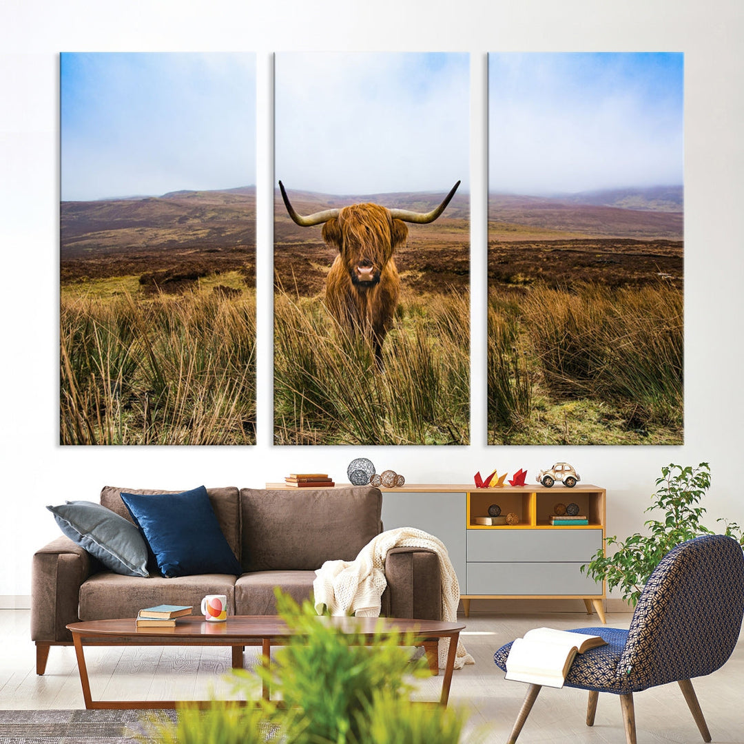 Highland Cow with Beautiful Landscape Canvas Wall Art Print Large Animal Art Print Farmhouse Ranch Farm Decor Cute Animals Cow Print Framed Ready to Hang Original Canvas Artwork