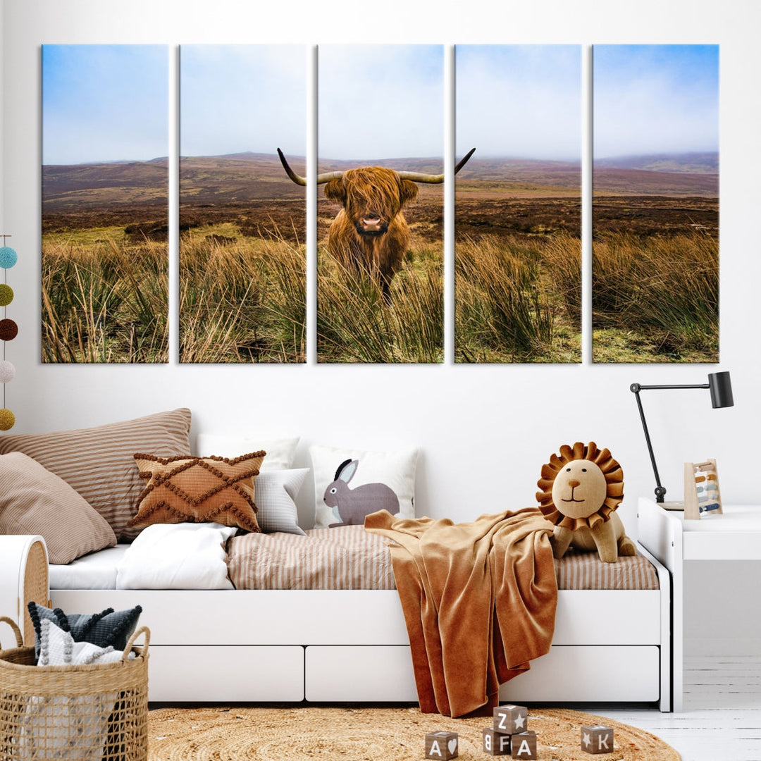 Highland Cow with Beautiful Landscape Canvas Wall Art Print Large Animal Art Print Farmhouse Ranch Farm Decor Cute Animals Cow Print Framed Ready to Hang Original Canvas Artwork