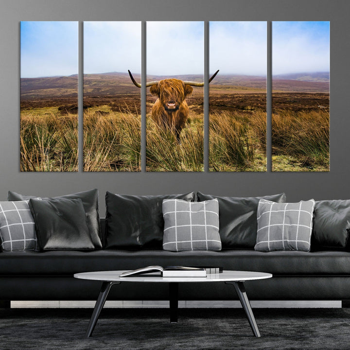 Highland Cow with Beautiful Landscape Canvas Wall Art Print Large Animal Art Print Farmhouse Ranch Farm Decor Cute Animals Cow Print Framed Ready to Hang Original Canvas Artwork