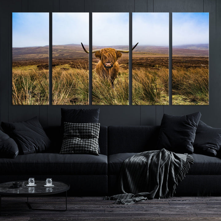 Highland Cow with Beautiful Landscape Canvas Wall Art Print Large Animal Art Print Farmhouse Ranch Farm Decor Cute Animals Cow Print Framed Ready to Hang Original Canvas Artwork