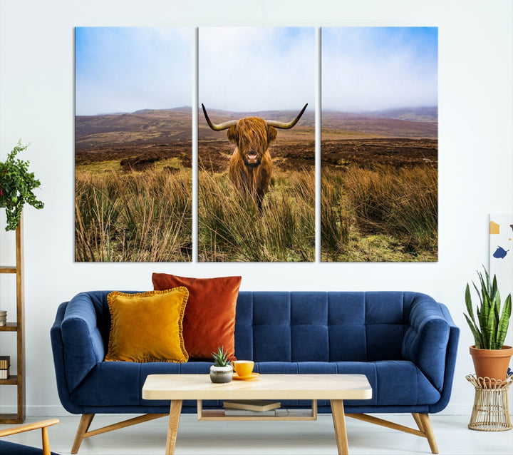 Highland Cow with Beautiful Landscape Canvas Wall Art Print Large Animal Art Print Farmhouse Ranch Farm Decor Cute Animals Cow Print Framed Ready to Hang Original Canvas Artwork