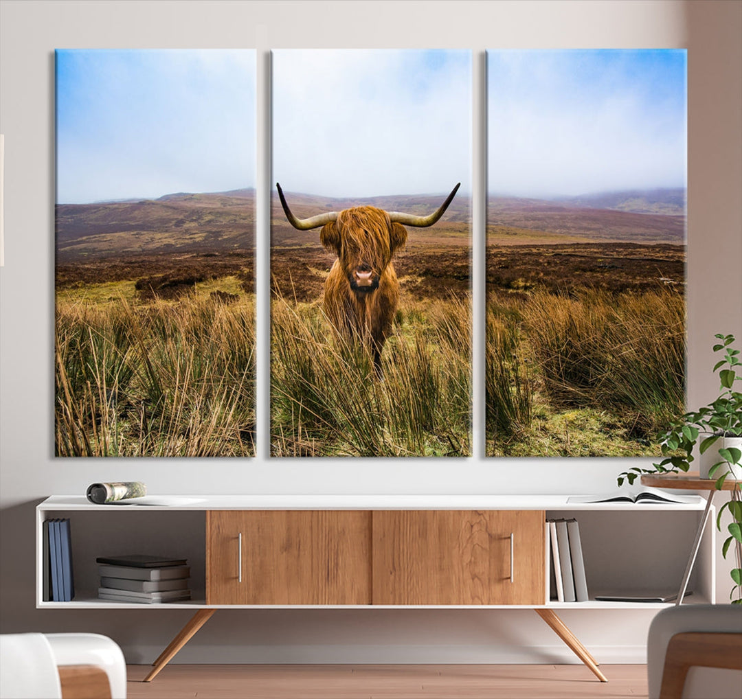 Highland Cow with Beautiful Landscape Canvas Wall Art Print Large Animal Art Print Farmhouse Ranch Farm Decor Cute Animals Cow Print Framed Ready to Hang Original Canvas Artwork