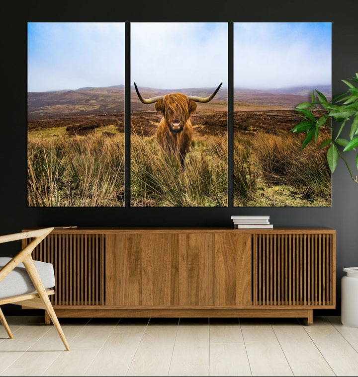 Highland Cow with Beautiful Landscape Canvas Wall Art Print Large Animal Art Print Farmhouse Ranch Farm Decor Cute Animals Cow Print Framed Ready to Hang Original Canvas Artwork