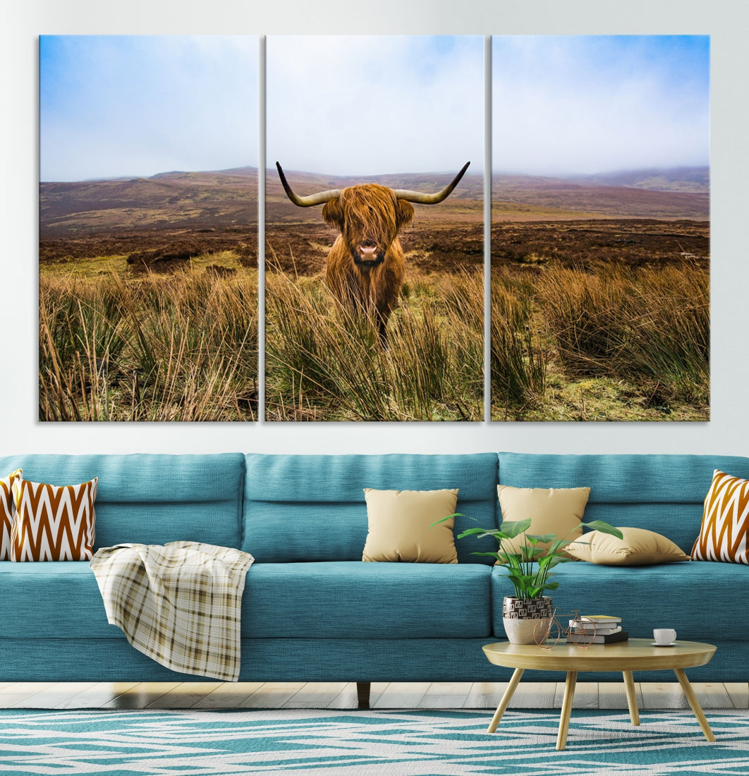 Highland Cow with Beautiful Landscape Canvas Wall Art Print Large Animal Art Print Farmhouse Ranch Farm Decor Cute Animals Cow Print Framed Ready to Hang Original Canvas Artwork