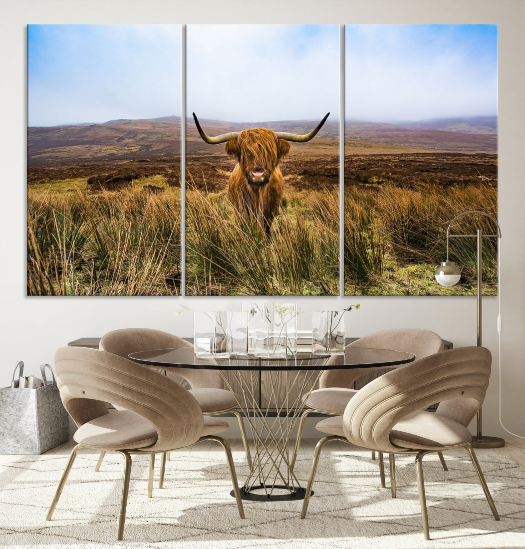 Highland Cow with Beautiful Landscape Canvas Wall Art Print Large Animal Art Print Farmhouse Ranch Farm Decor Cute Animals Cow Print Framed Ready to Hang Original Canvas Artwork