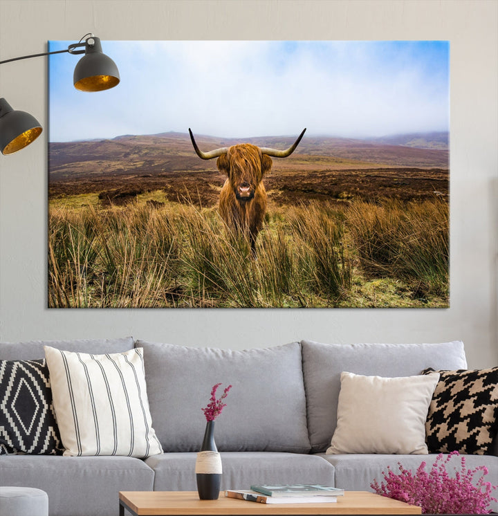 Highland Cow with Beautiful Landscape Canvas Wall Art Print Large Animal Art Print Farmhouse Ranch Farm Decor Cute