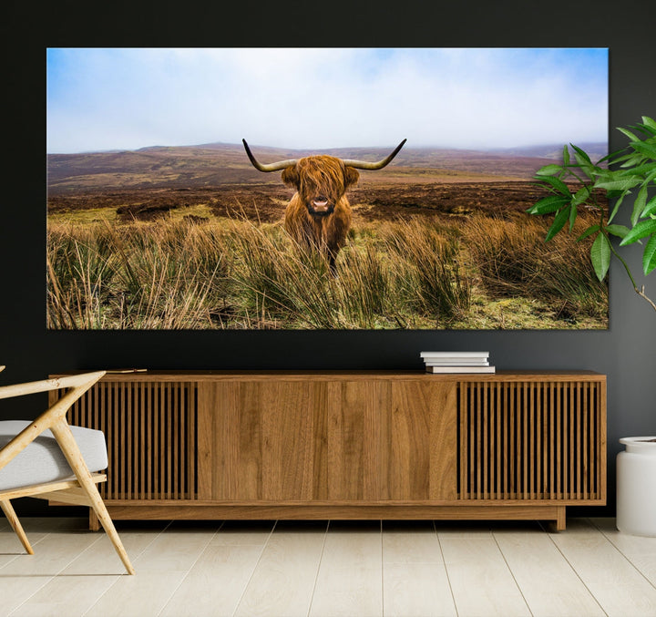 Highland Cow with Beautiful Landscape Canvas Wall Art Print Large Animal Art Print Farmhouse Ranch Farm Decor Cute