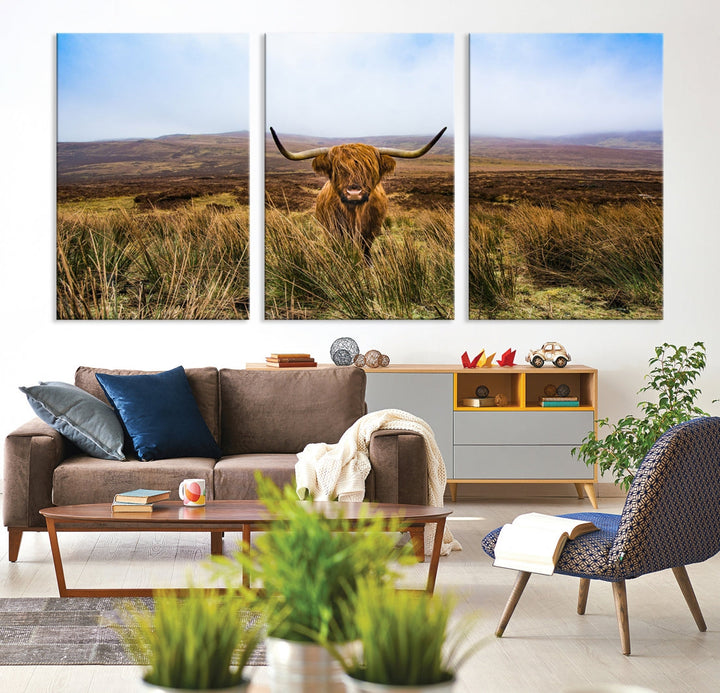 Highland Cow with Beautiful Landscape Canvas Wall Art Print Large Animal Art Print Farmhouse Ranch Farm Decor Cute