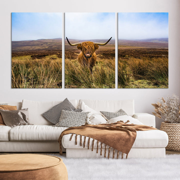 Highland Cow with Beautiful Landscape Canvas Wall Art Print Large Animal Art Print Farmhouse Ranch Farm Decor Cute