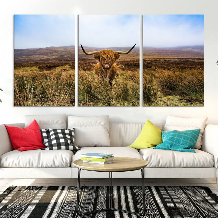 Highland Cow with Beautiful Landscape Canvas Wall Art Print Large Animal Art Print Farmhouse Ranch Farm Decor Cute