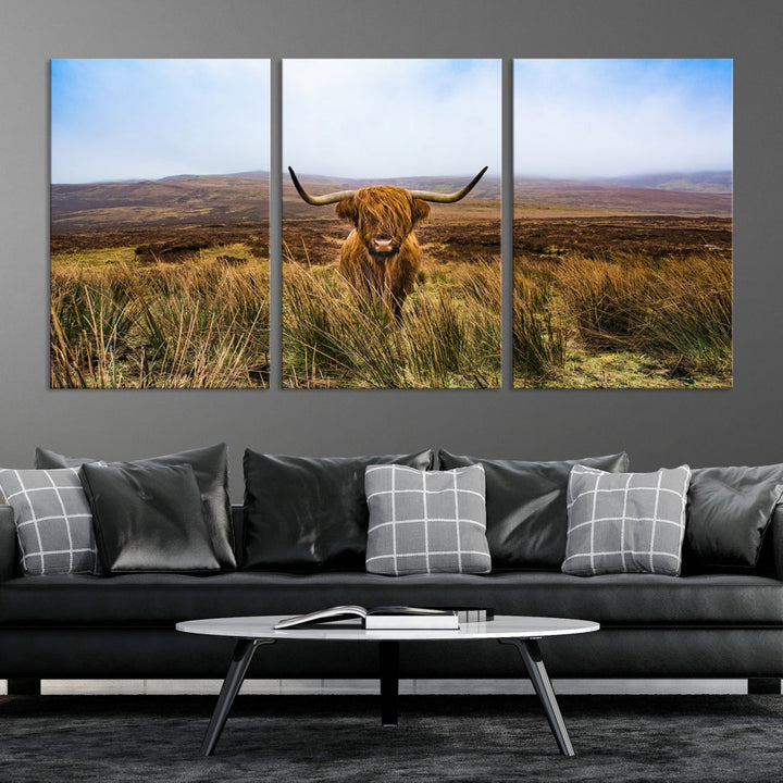 Highland Cow with Beautiful Landscape Canvas Wall Art Print Large Animal Art Print Farmhouse Ranch Farm Decor Cute